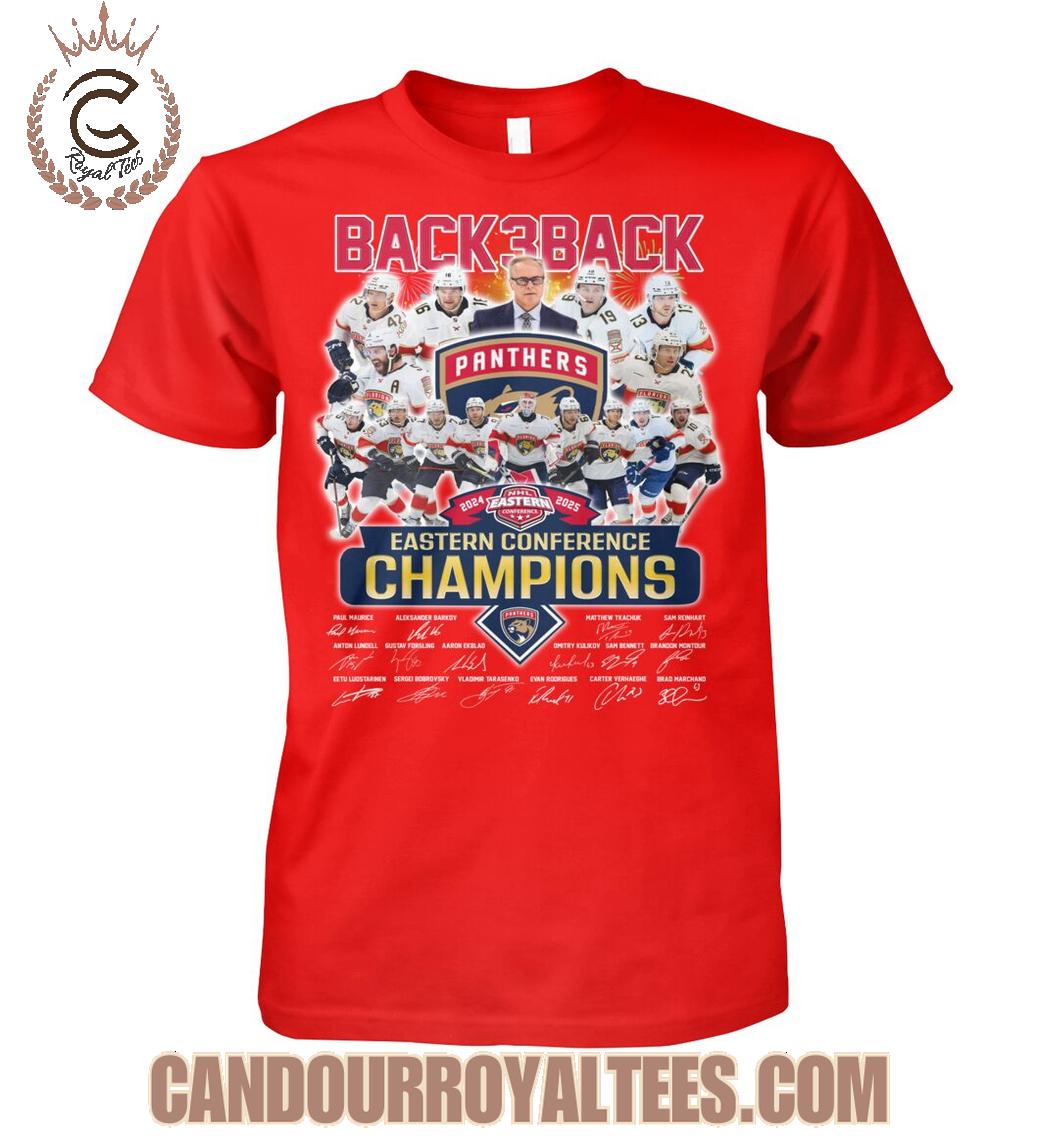Back3Back 2024 2025 NHL Eastern Conference Champions Florida Panthers T-Shirt Back3Back 2024 2025 NHL Eastern Conference Champions Florida Panthers T-Shirt