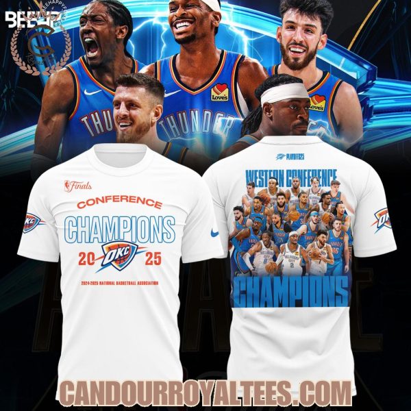 Oklahoma City Thunder Western Conference Champions 2025 National Basketball Association White Tshirt, Hoodie