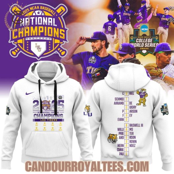 2025 NCAA Baseball National Champions LSU Tigers White T-Shirt, Hoodie