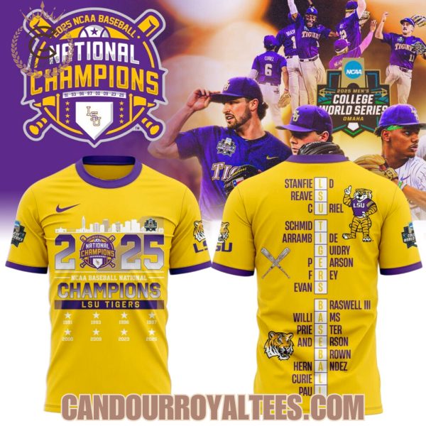 2025 NCAA Baseball National Champions LSU Tigers Yellow T-Shirt, Hoodie