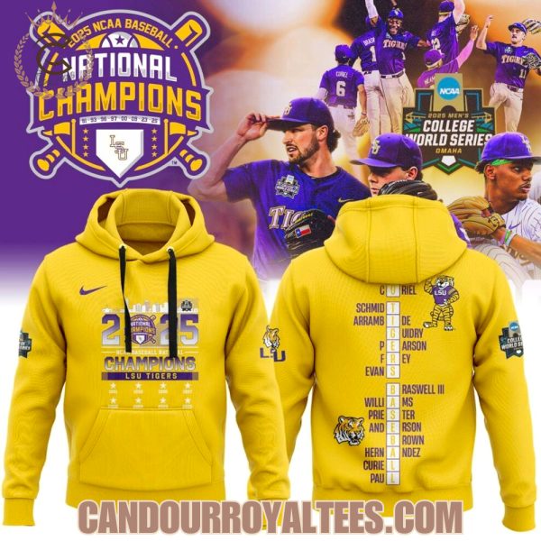 2025 NCAA Baseball National Champions LSU Tigers Yellow T-Shirt, Hoodie