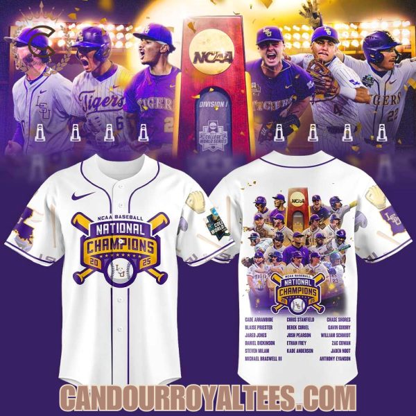 NCAA Baseball National Champions 2025 LSU Tigers White Baseball Jersey