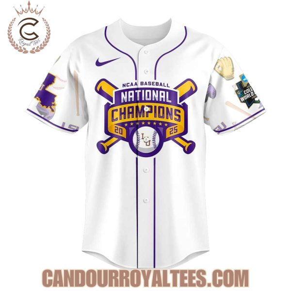NCAA Baseball National Champions 2025 LSU Tigers White Baseball Jersey