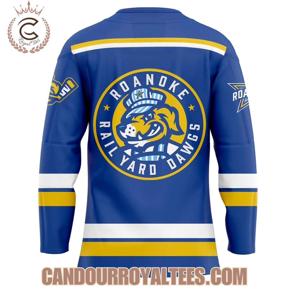 Roanoke Rail Yard Dawgs New Logo Unleashed Blue Hockey Jersey Roanoke Rail Yard Dawgs New Logo Unleashed Blue Hockey Jersey