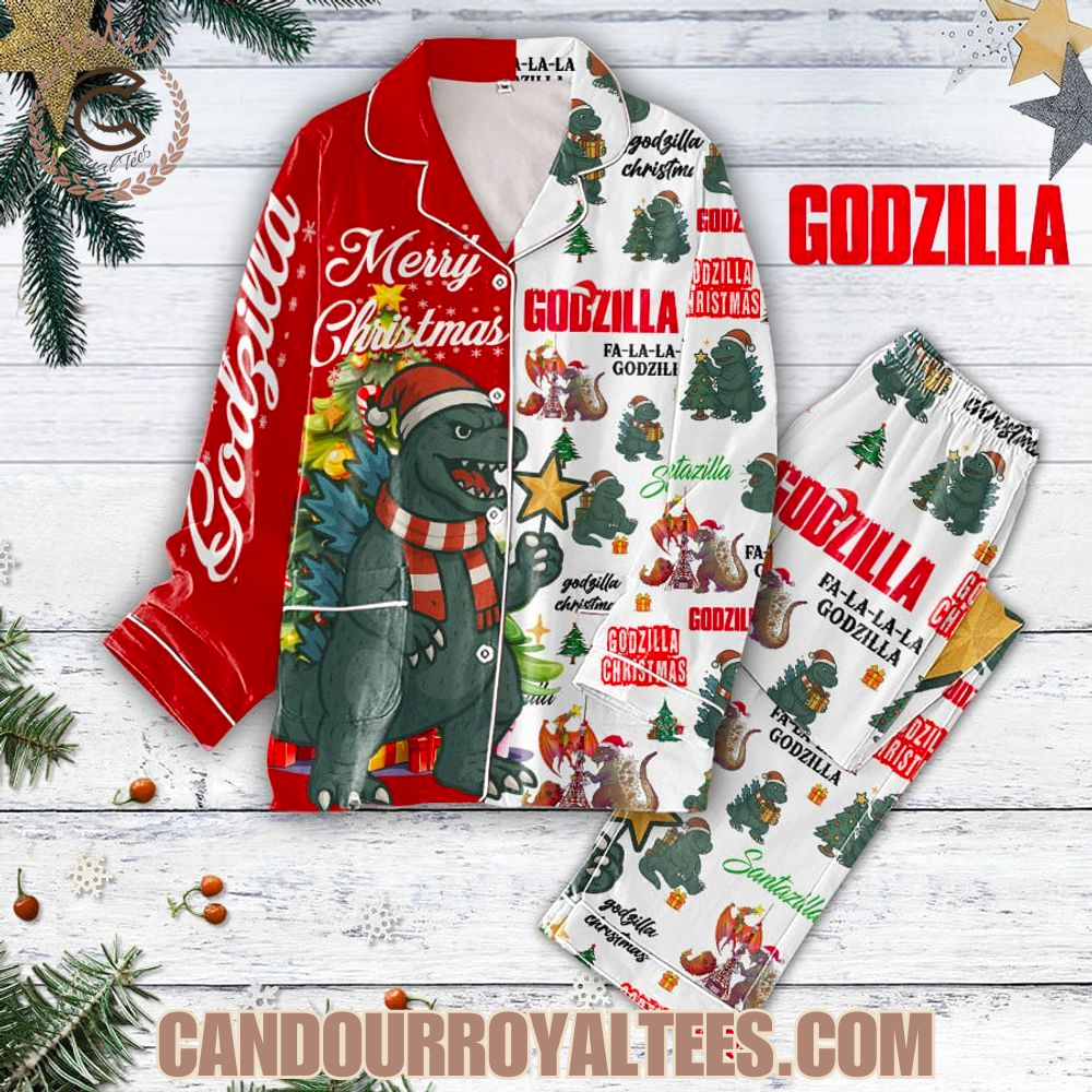Godzilla Merry Christmas Button Pajamas Set Godzilla Merry Christmas Button Pajamas Set