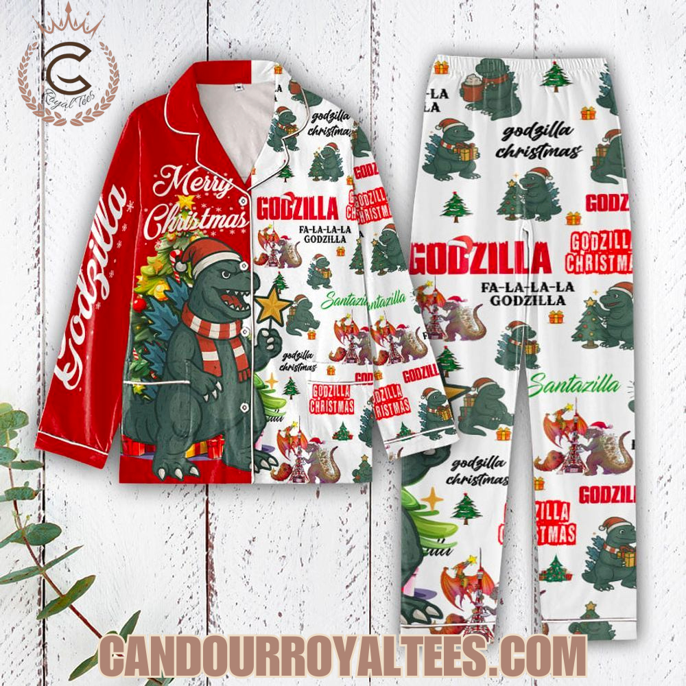 Godzilla Merry Christmas Button Pajamas Set Godzilla Merry Christmas Button Pajamas Set
