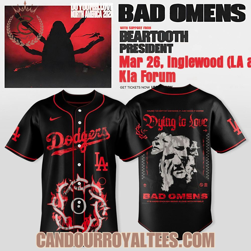 Los Angeles Dodgers X BAD OMENS: DO YOU FEEL LOVE NORTH AMERICAN TOUR Exclusive Jersey Los Angeles Dodgers X BAD OMENS: DO YOU FEEL LOVE NORTH AMERICAN TOUR Exclusive Jersey