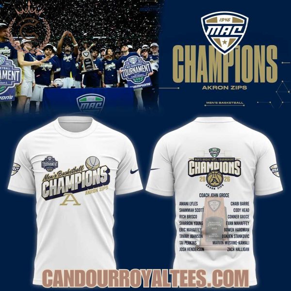 Akron Zips Men’s Basketball 2026 MAC Men’s Basketball Tournament Champions White Shirt