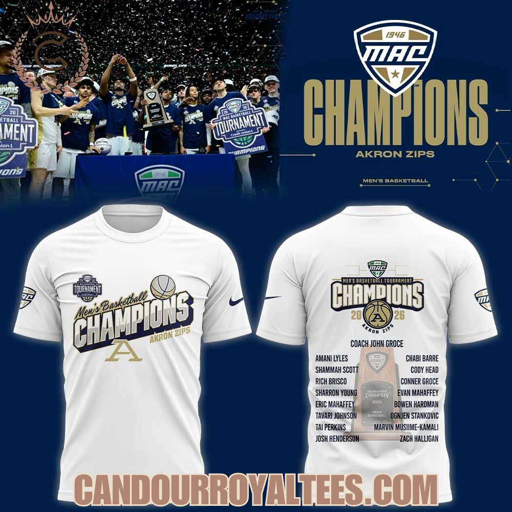 Akron Zips Men’s Basketball 2026 MAC Men’s Basketball Tournament Champions White Shirt Akron Zips Men’s Basketball 2026 MAC Men’s Basketball Tournament Champions White Shirt