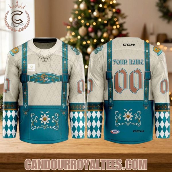 Take a closer look at the Bavarian inspired patchwork on our Oktoberfest SJ Barracuda Hockey Jersey